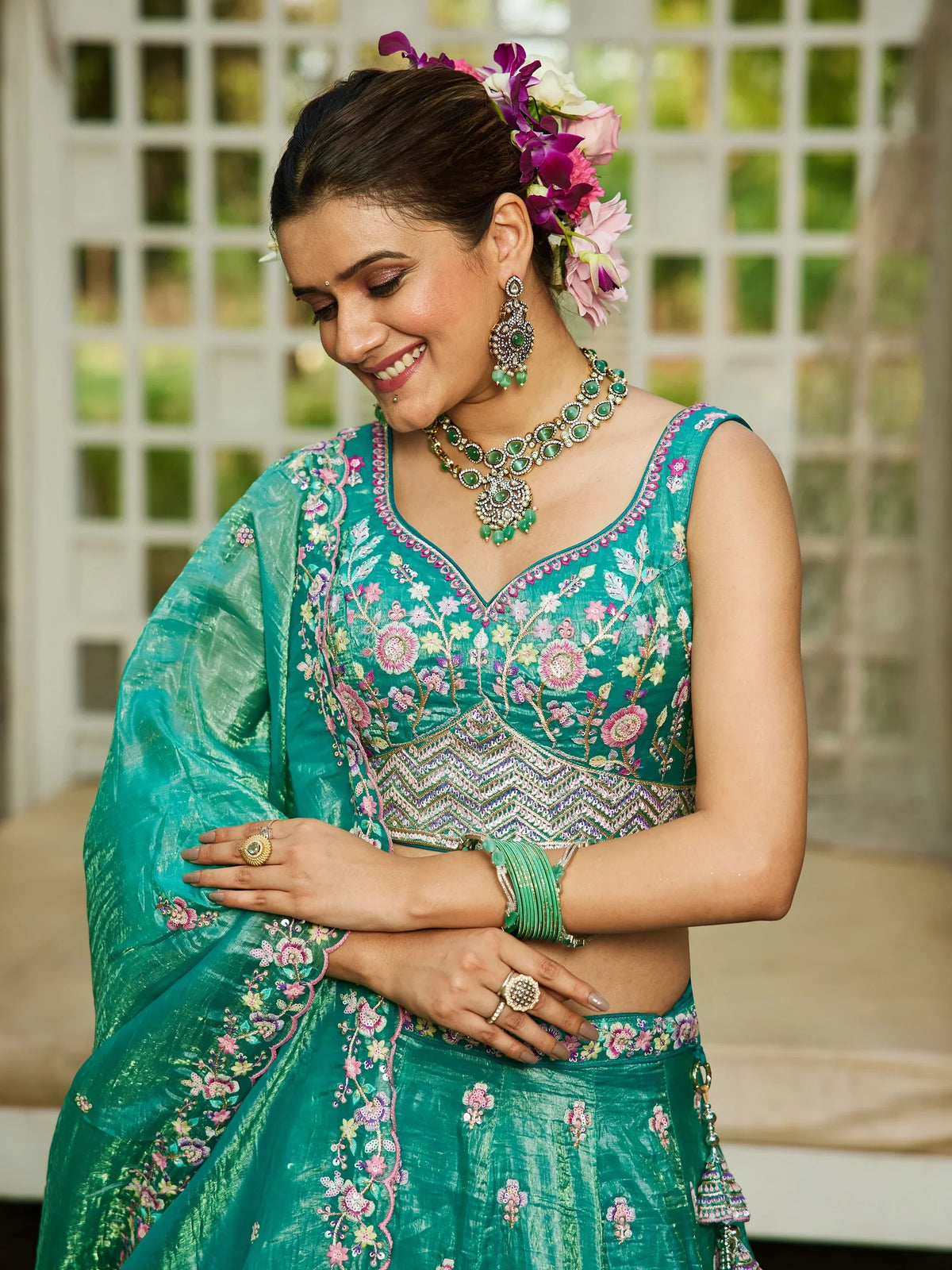 Stunning Sea Green Tissue Wedding Wear Lehenga Choli With Dupatta - Zeel Clothing