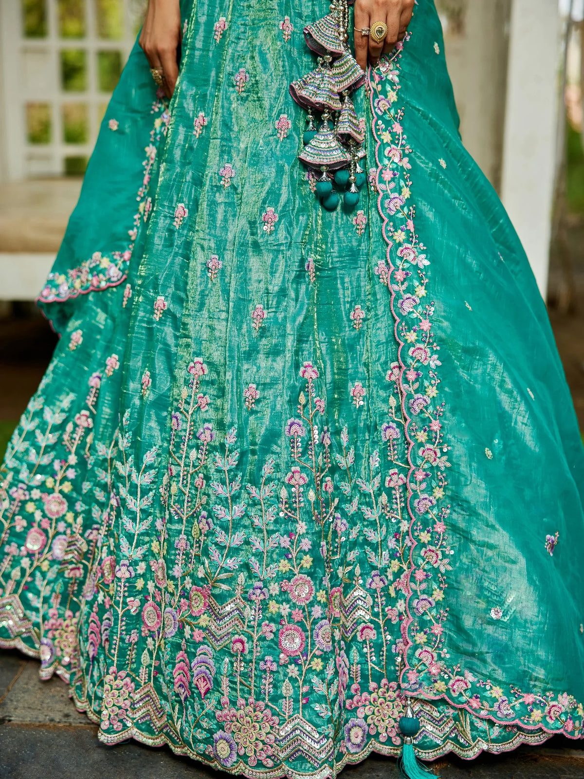 Stunning Sea Green Tissue Wedding Wear Lehenga Choli With Dupatta - Zeel Clothing