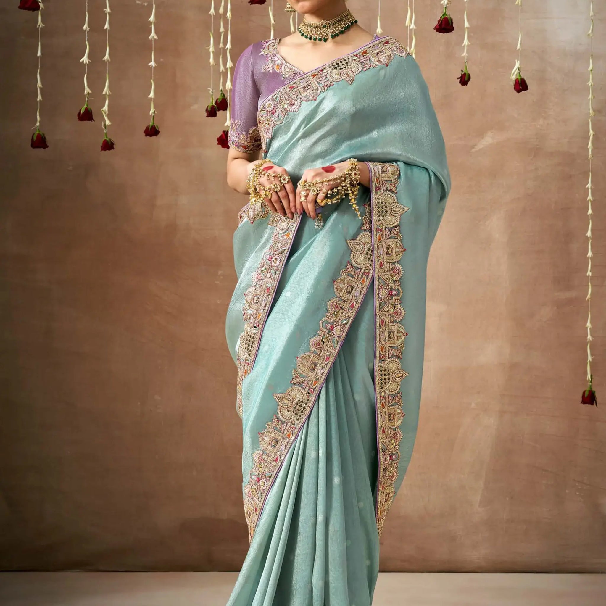 Stunning Sky-Blue Color Heavy Border Work Silk Reception Wear Saree - Zeel Clothing