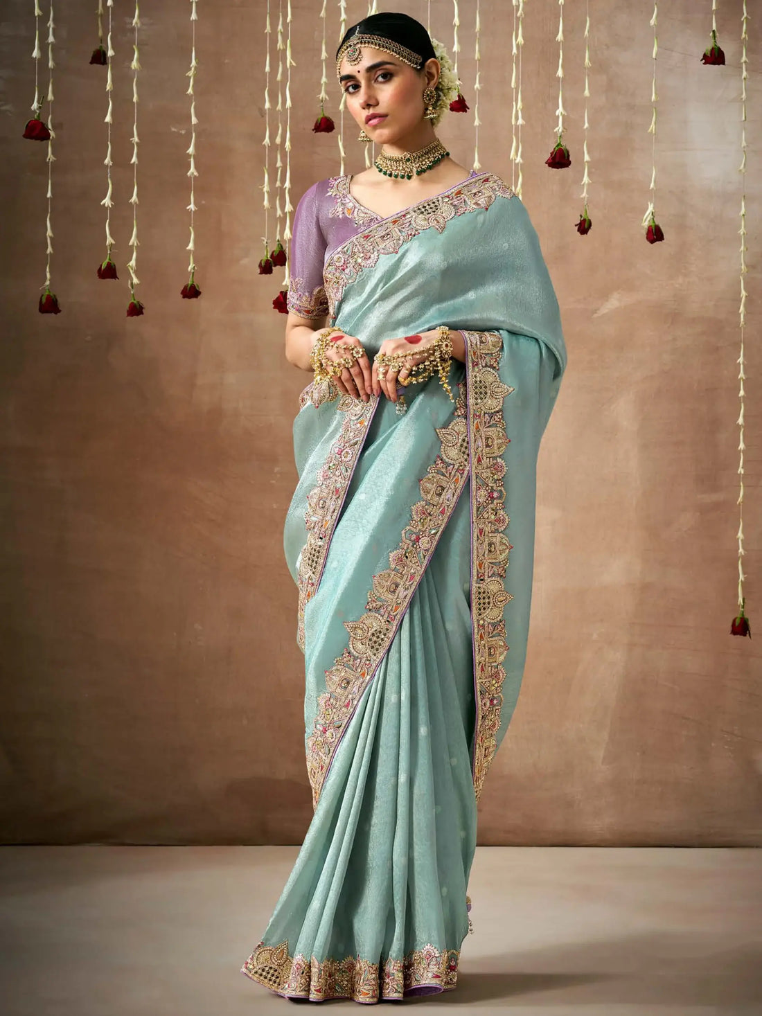 Stunning Sky-Blue Color Heavy Border Work Silk Reception Wear Saree - Zeel Clothing