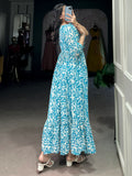 Stunning Sky Blue Digital Printed Georgette Casual Wear Dress