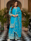 Stunning Sky Blue Embroidered Chinon Function Wear Palazzo Suit
