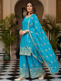 Stunning Sky Blue Embroidered Chinon Function Wear Palazzo Suit