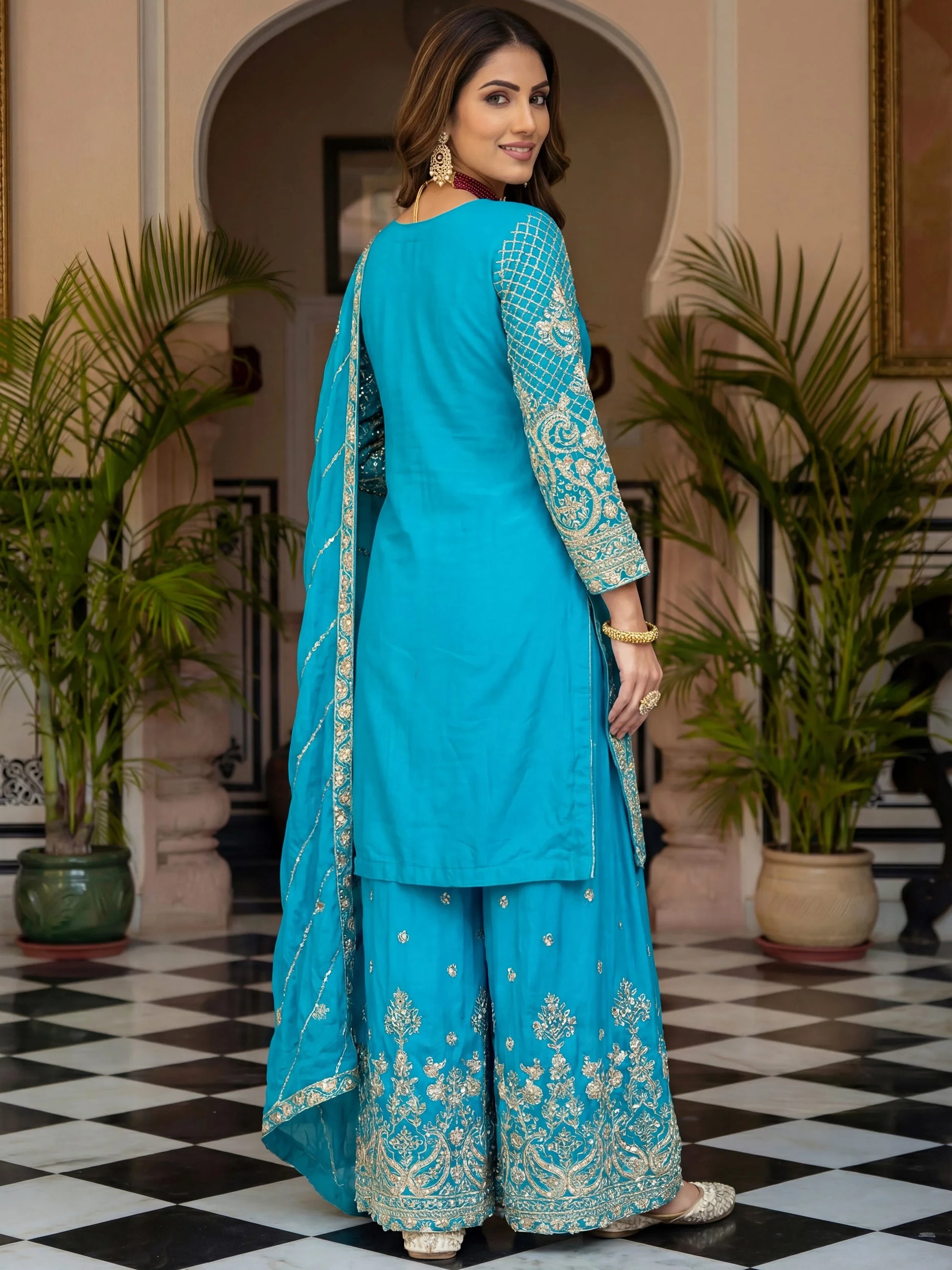 Stunning Sky Blue Embroidered Chinon Function Wear Palazzo Suit
