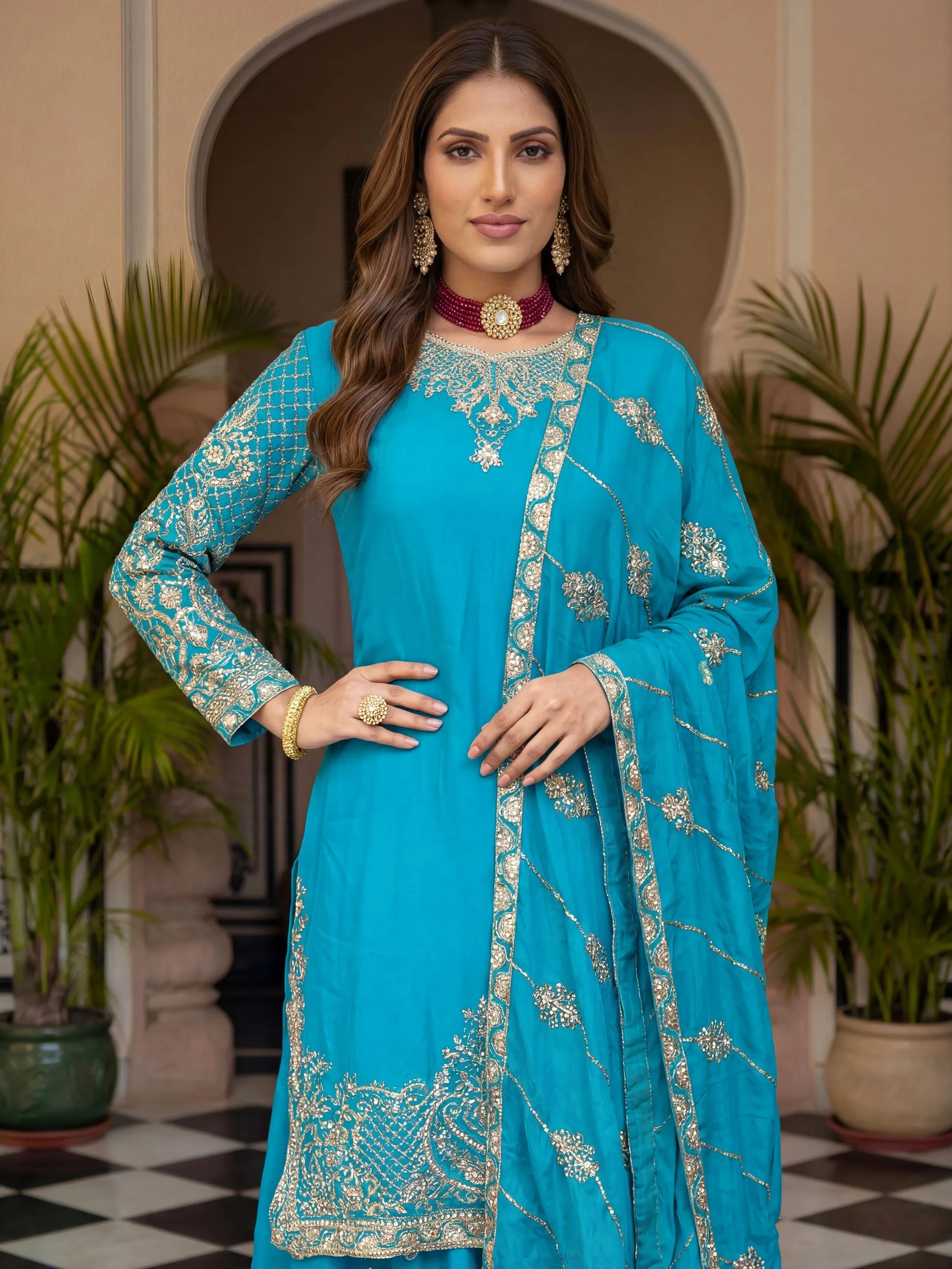 Stunning Sky Blue Embroidered Chinon Function Wear Palazzo Suit