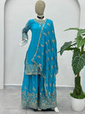 Stunning Sky Blue Embroidered Chinon Function Wear Palazzo Suit