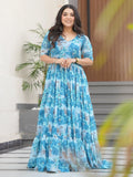 Stunning Sky Blue Floral Printed Georgette Traditional Gown - Zeel Clothing