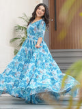 Stunning Sky Blue Floral Printed Georgette Traditional Gown - Zeel Clothing