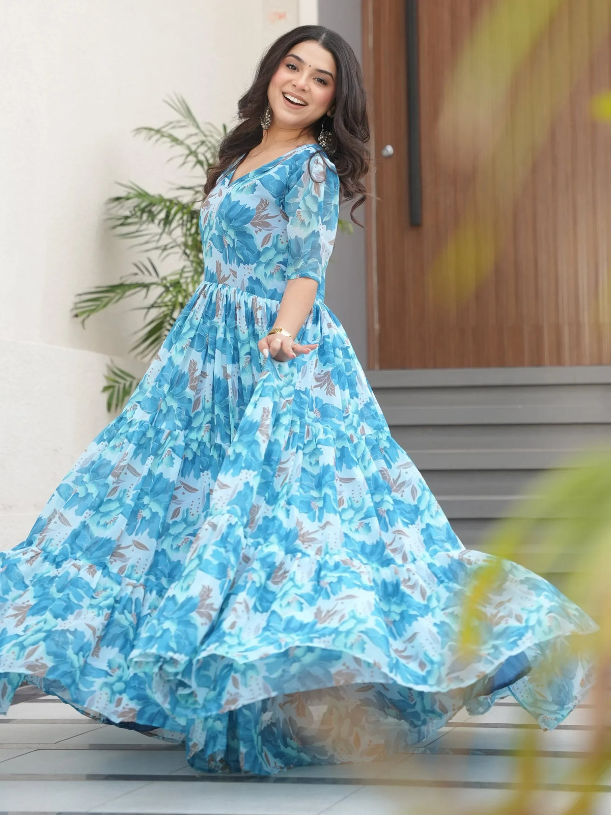 Stunning Sky Blue Floral Printed Georgette Traditional Gown - Zeel Clothing