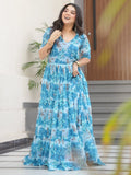 Stunning Sky Blue Floral Printed Georgette Traditional Gown - Zeel Clothing