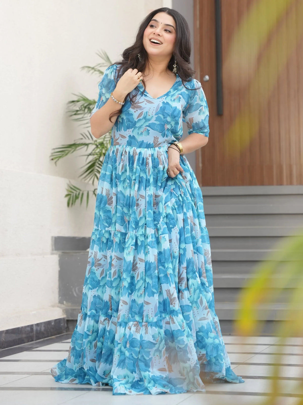 Stunning Sky Blue Floral Printed Georgette Traditional Gown - Zeel Clothing