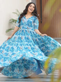 Stunning Sky Blue Floral Printed Georgette Traditional Gown - Zeel Clothing