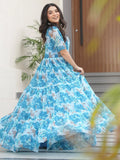 Stunning Sky Blue Floral Printed Georgette Traditional Gown - Zeel Clothing