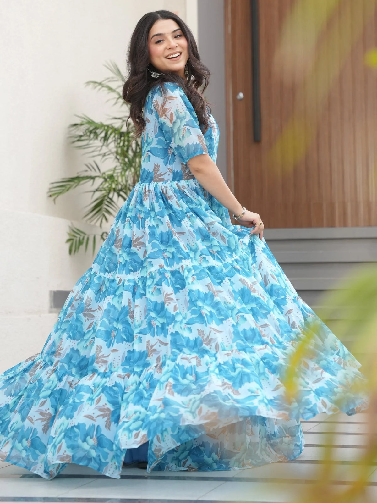 Stunning Sky Blue Floral Printed Georgette Traditional Gown - Zeel Clothing