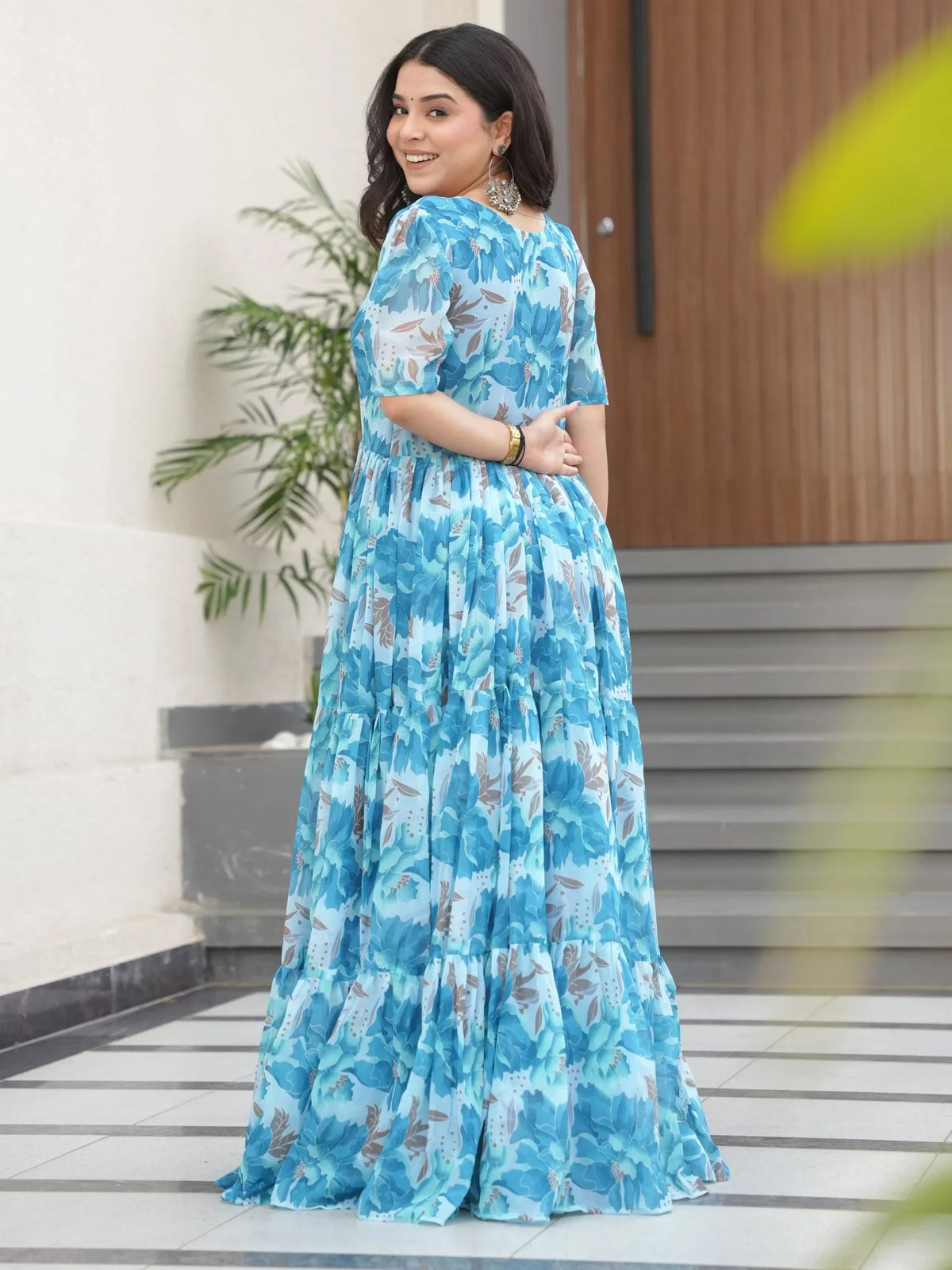 Stunning Sky Blue Floral Printed Georgette Traditional Gown - Zeel Clothing