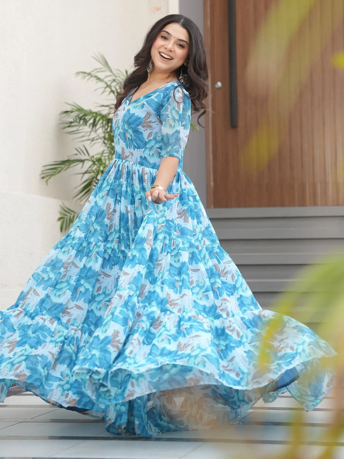 Stunning Sky Blue Floral Printed Georgette Traditional Gown - Zeel Clothing