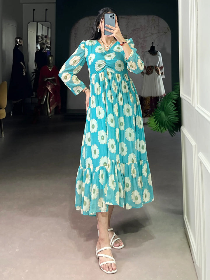 Stunning Sky Blue Foil Printed Georgette Festive Wear Dress
