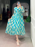 Stunning Sky Blue Foil Printed Georgette Festive Wear Dress