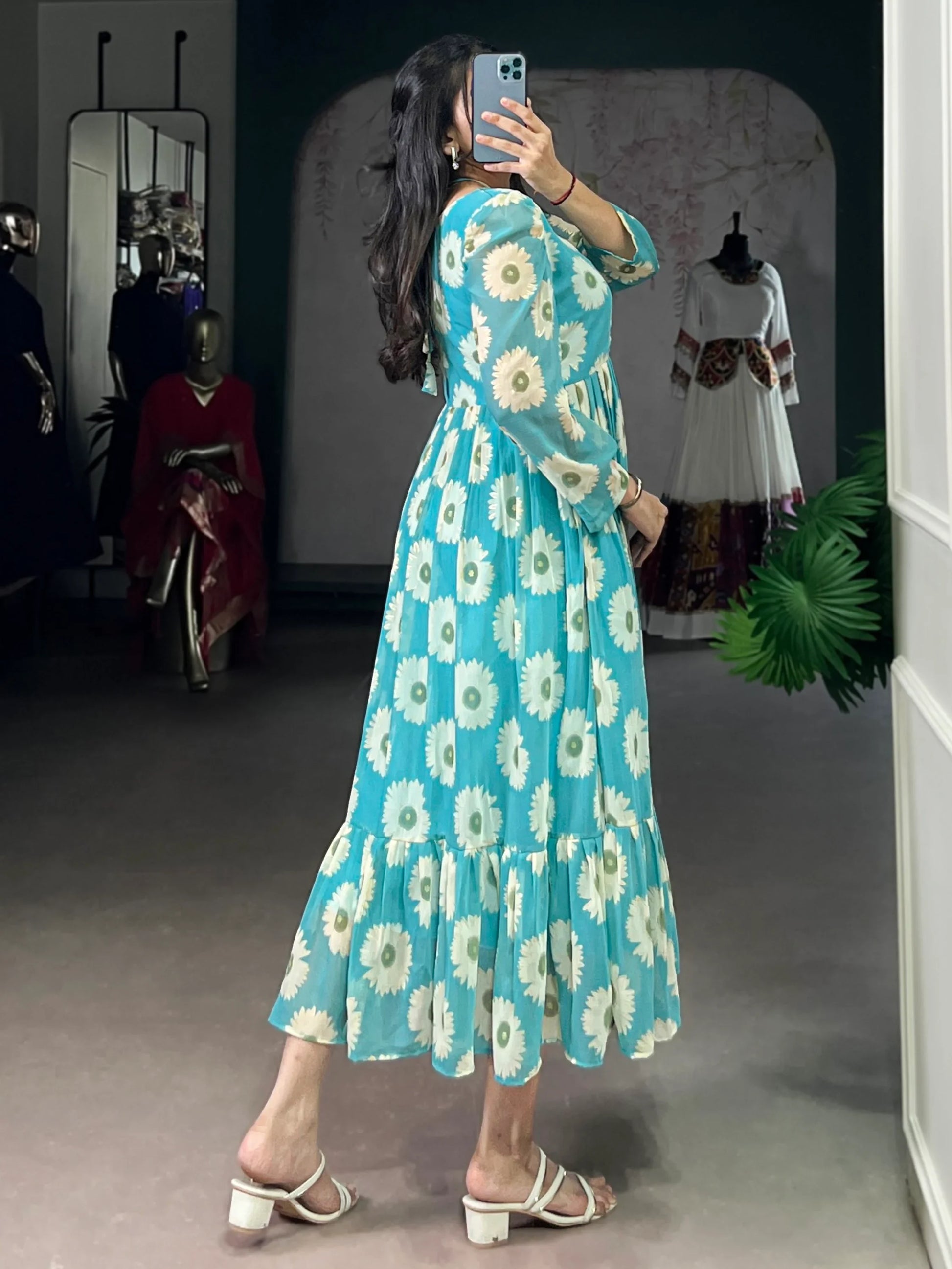 Stunning Sky Blue Foil Printed Georgette Festive Wear Dress