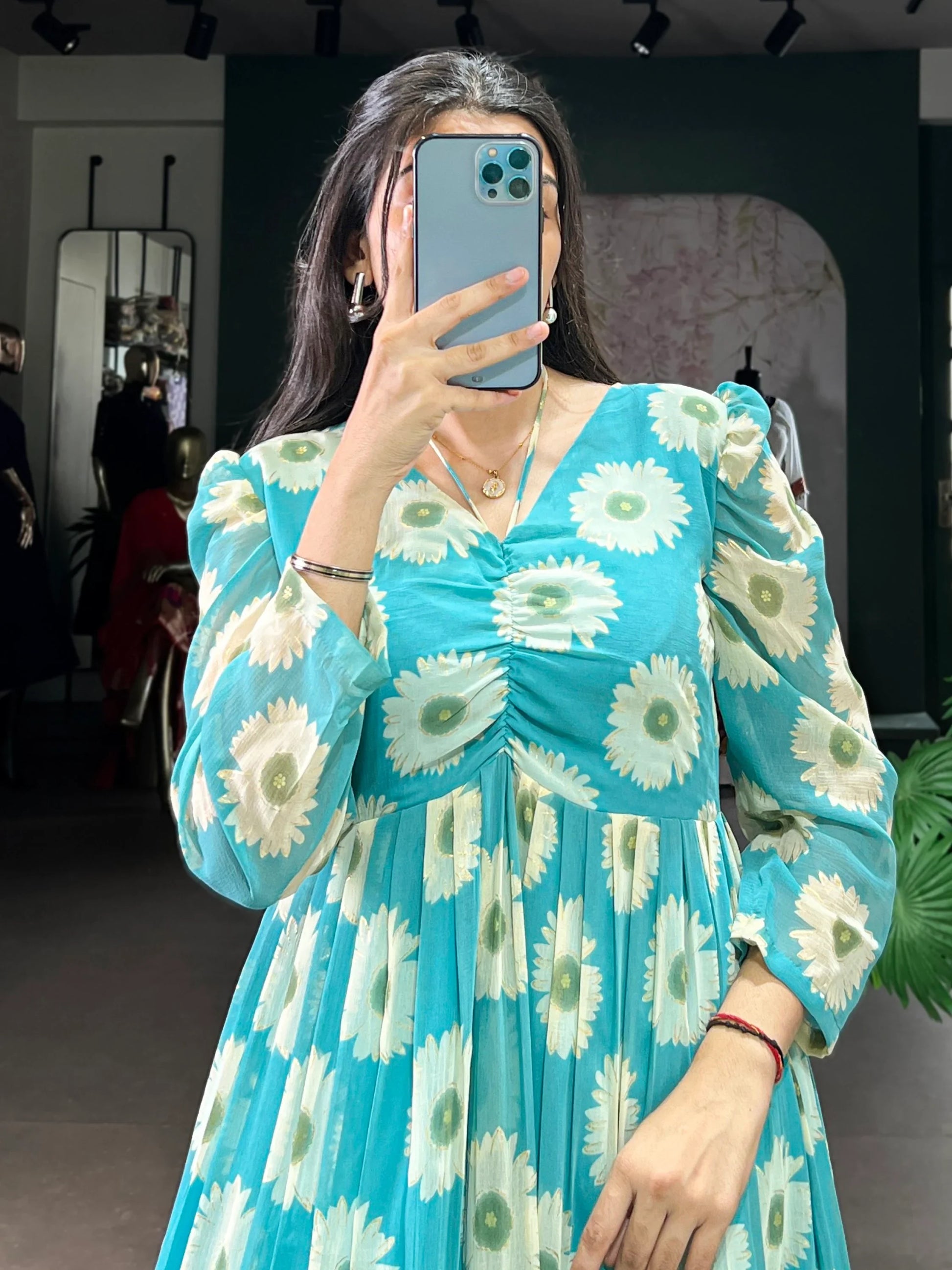 Stunning Sky Blue Foil Printed Georgette Festive Wear Dress