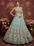 Stunning Sky Blue Hand Work Net Bridesmaid Lehenga Choli With Dupatta