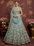 Stunning Sky Blue Hand Work Net Bridesmaid Lehenga Choli With Dupatta