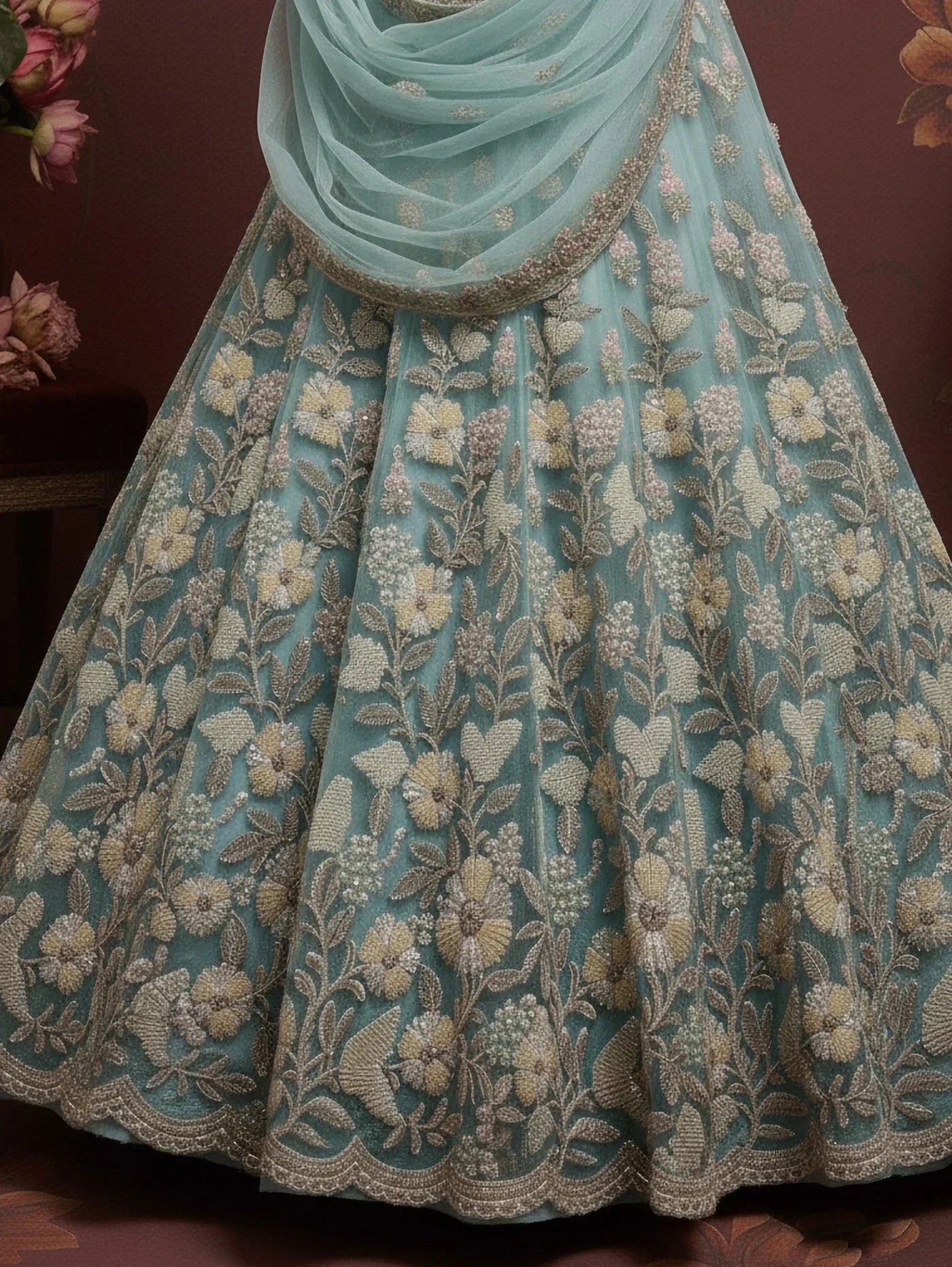 Stunning Sky Blue Hand Work Net Bridesmaid Lehenga Choli With Dupatta