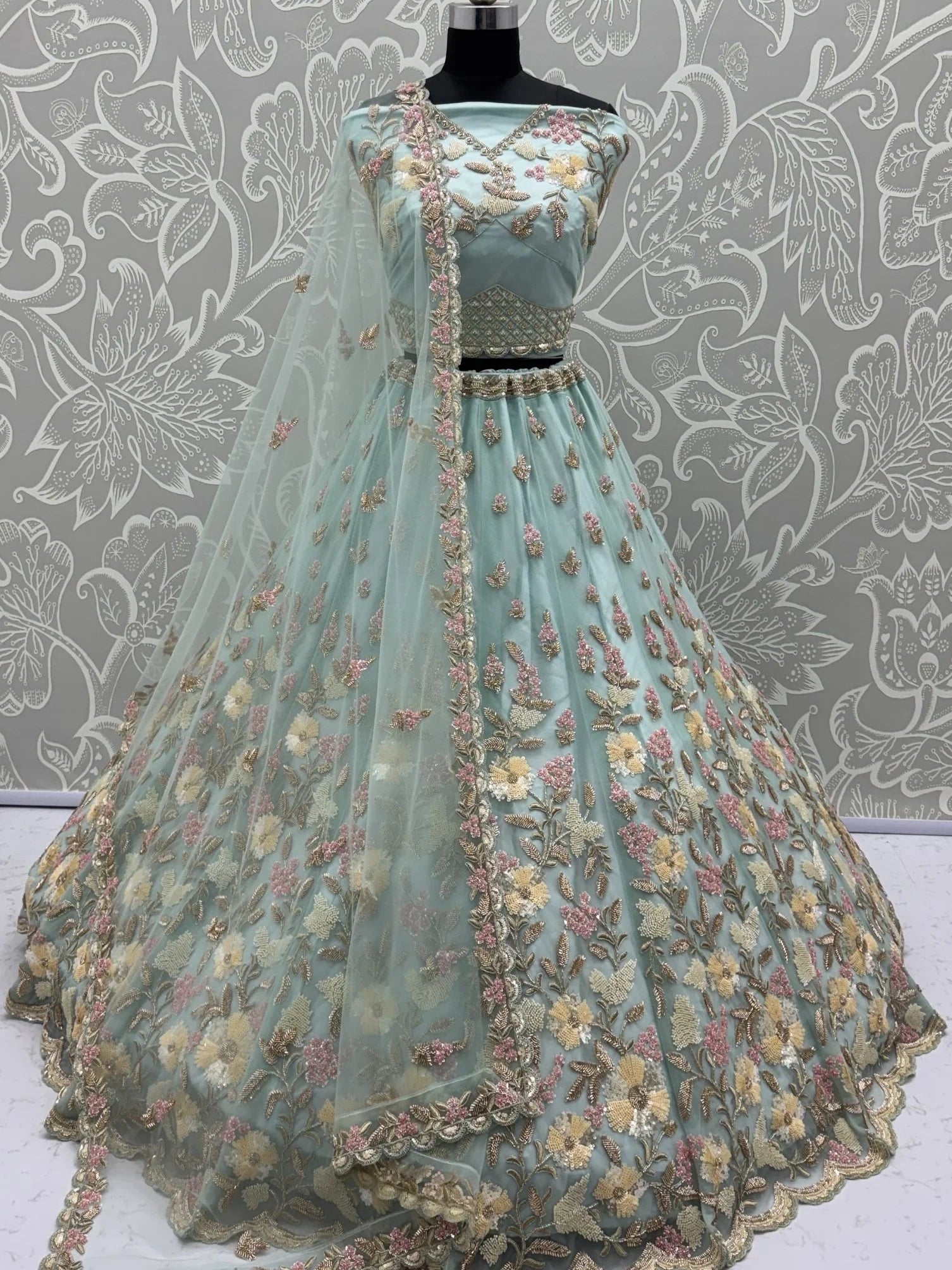 Stunning Sky Blue Hand Work Net Bridesmaid Lehenga Choli With Dupatta