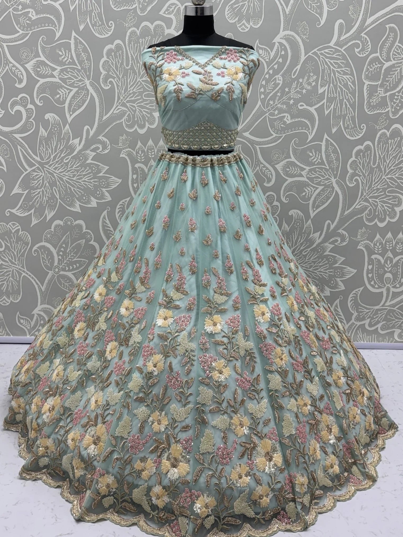 Stunning Sky Blue Hand Work Net Bridesmaid Lehenga Choli With Dupatta