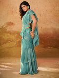 Stunning Sky-Blue Organza Ready To Wear Ruffles Saree With Blouse - Zeel Clothing