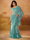 Stunning Sky-Blue Organza Ready To Wear Ruffles Saree With Blouse - Zeel Clothing