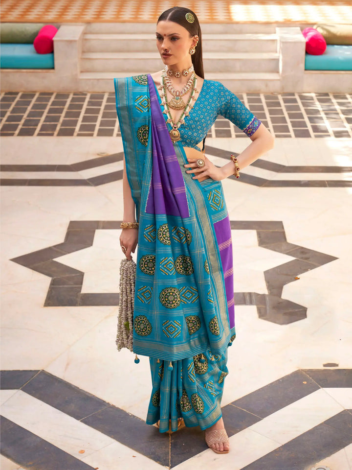 Stunning Sky Blue Patola Printed Silk Festival Wear Saree With Blouse - Zeel Clothing