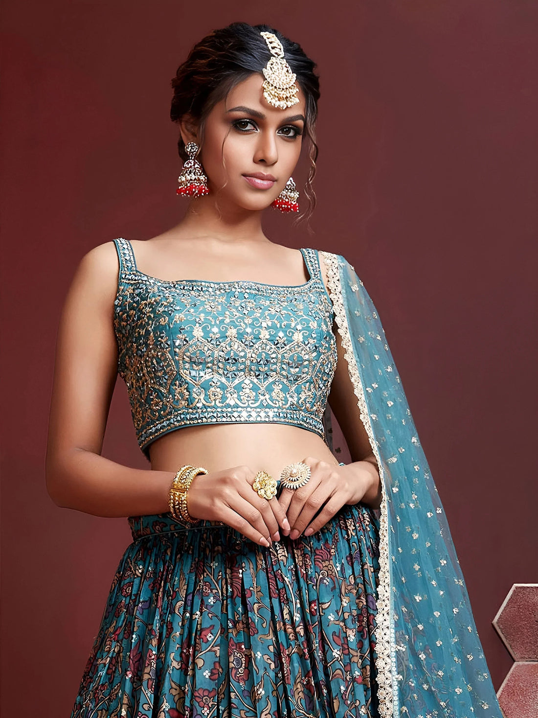 Stunning Sky Blue Printed Chinon Silk Reception Wear Lehenga Choli