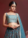 Stunning Sky Blue Printed Chinon Silk Reception Wear Lehenga Choli