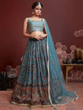 Stunning Sky Blue Printed Chinon Silk Reception Wear Lehenga Choli - Zeel Clothing