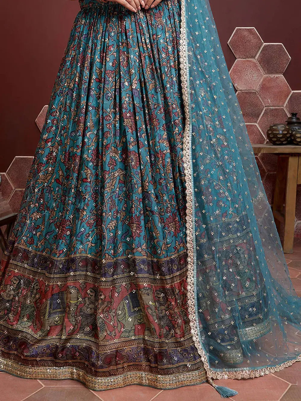 Stunning Sky Blue Printed Chinon Silk Reception Wear Lehenga Choli - Zeel Clothing
