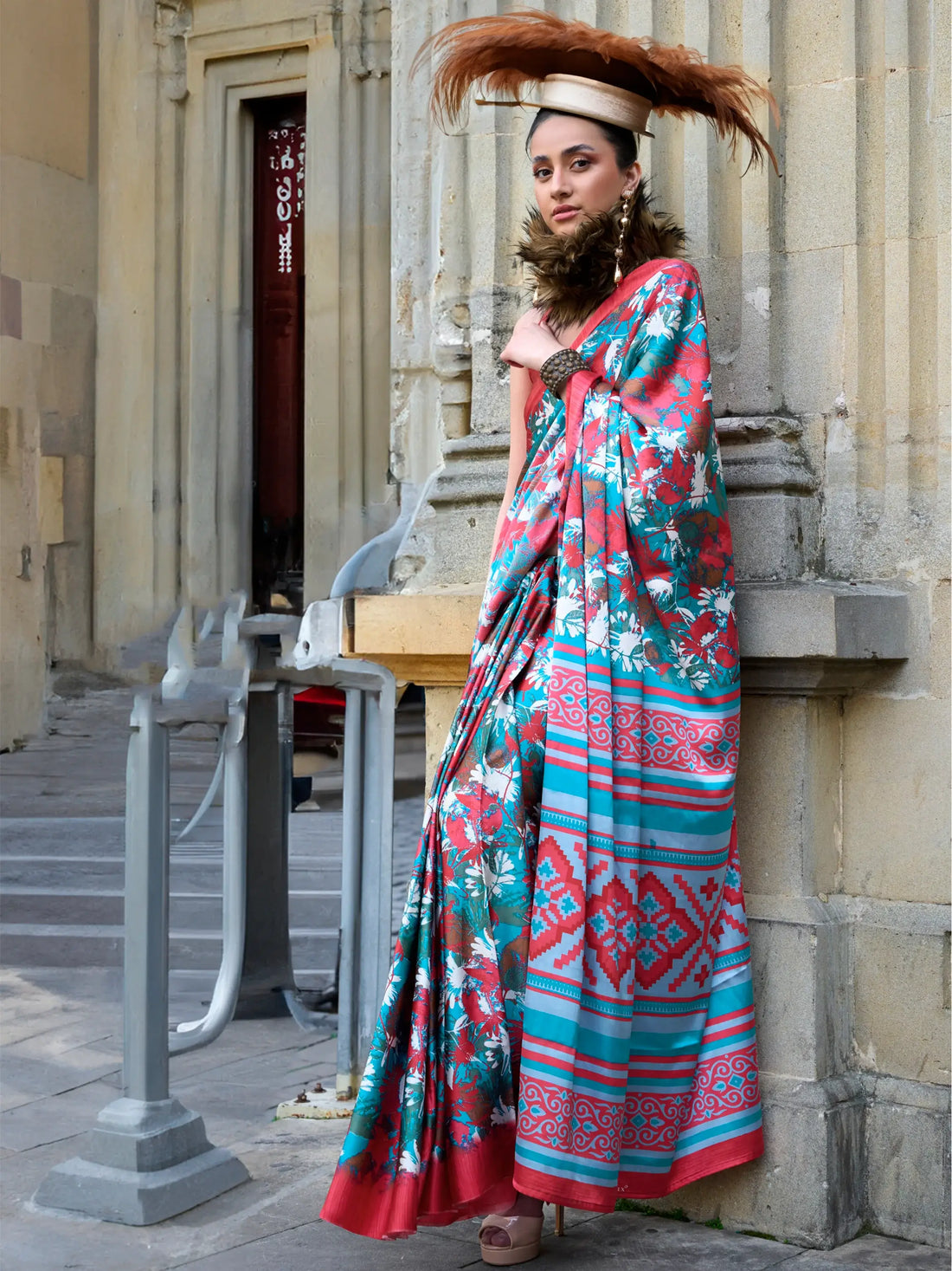 Stunning Sky-Blue Printed Satin Casual Wear Saree With Blouse - Zeel Clothing