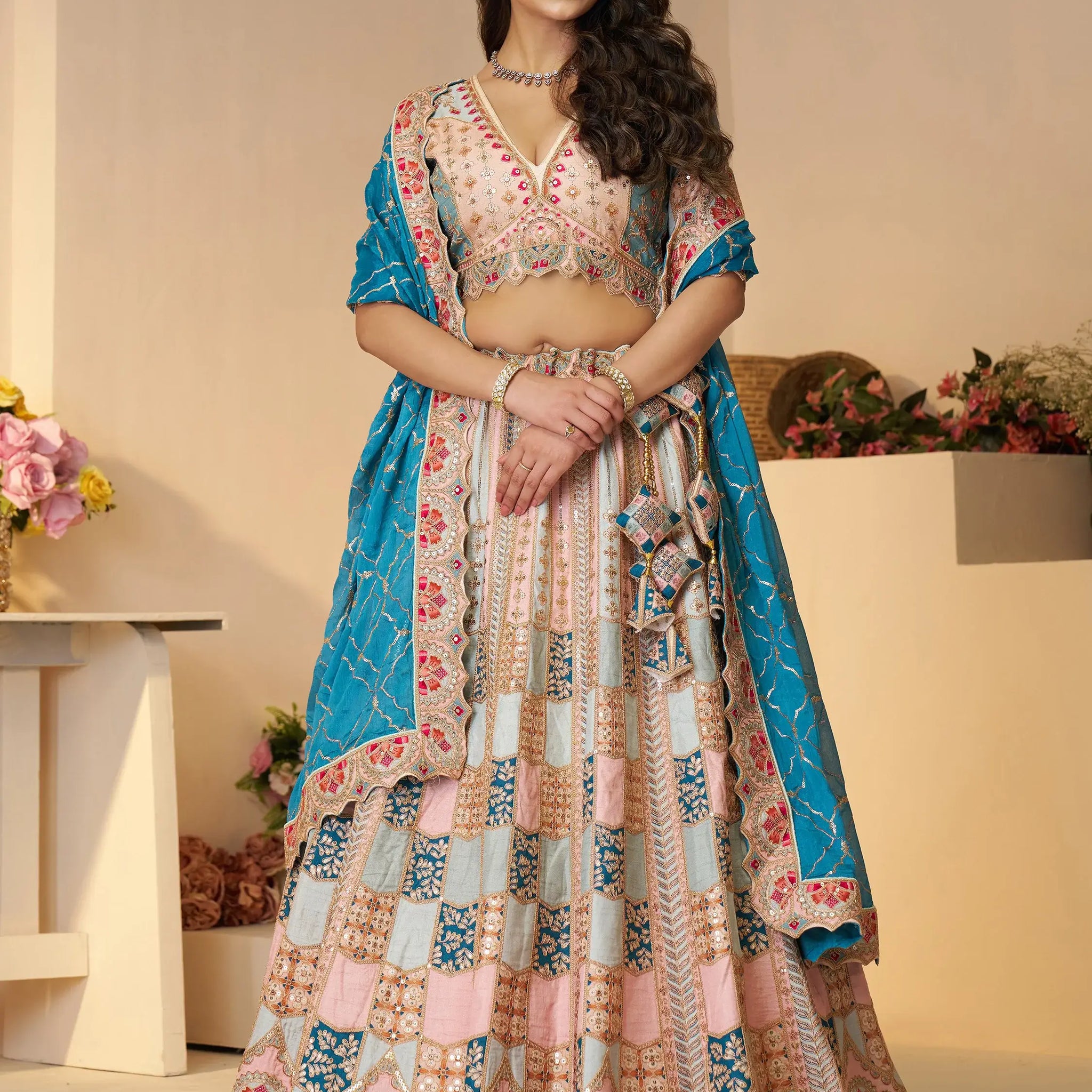 Stunning Sky-Blue Thread Work Dola Silk Wedding Lehenga Choli - Zeel Clothing