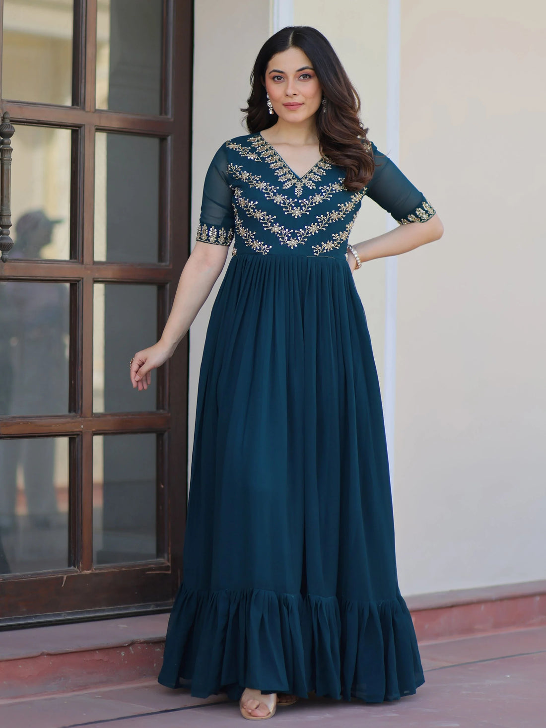 Stunning Teal Blue Bead Embroidered Georgette Festive Wear Gown - Zeel Clothing