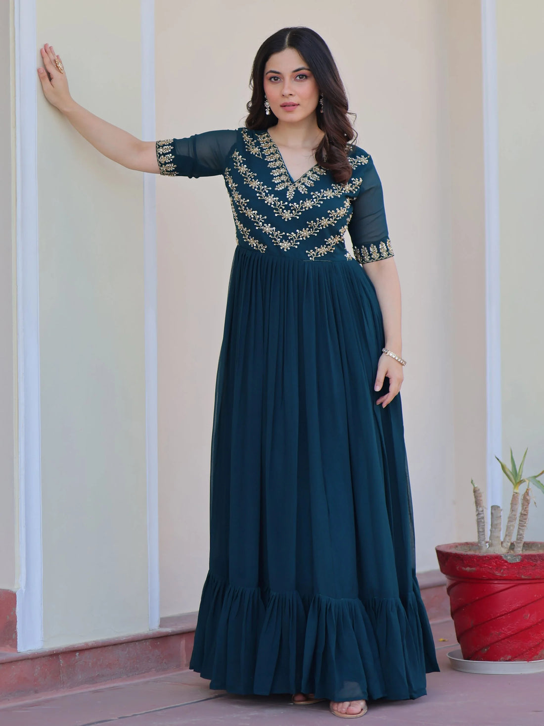Stunning Teal Blue Bead Embroidered Georgette Festive Wear Gown - Zeel Clothing