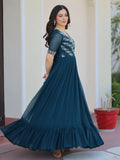 Stunning Teal Blue Bead Embroidered Georgette Festive Wear Gown - Zeel Clothing