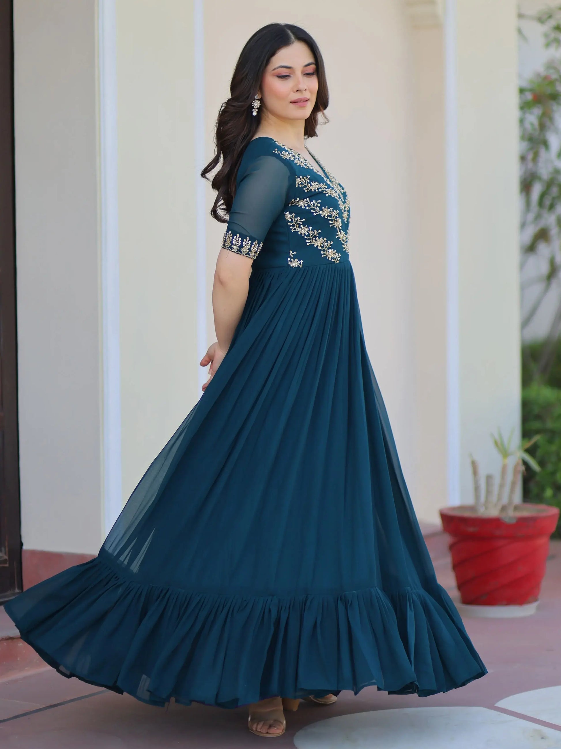 Stunning Teal Blue Bead Embroidered Georgette Festive Wear Gown - Zeel Clothing