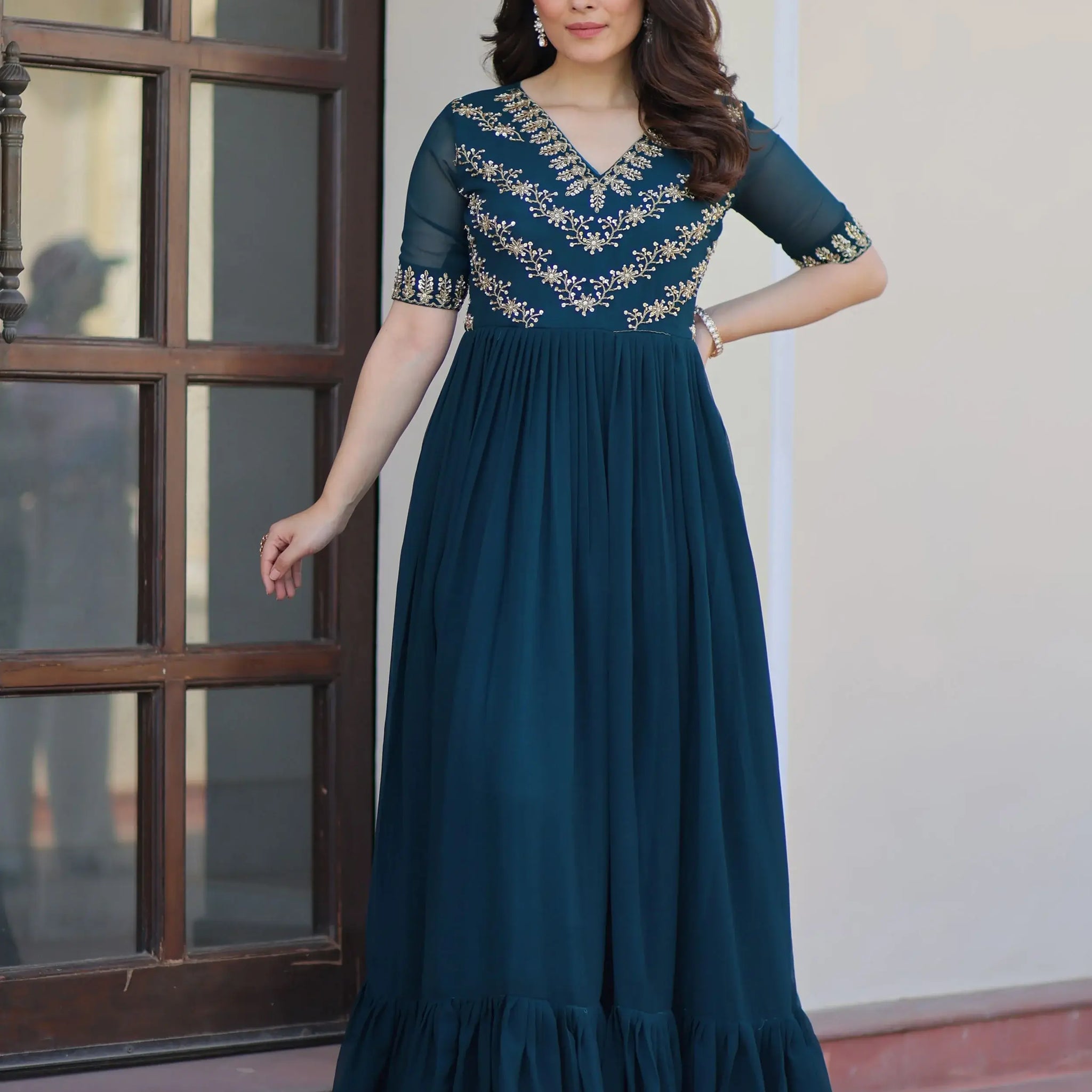 Stunning Teal Blue Bead Embroidered Georgette Festive Wear Gown - Zeel Clothing