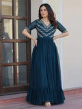 Stunning Teal Blue Bead Embroidered Georgette Festive Wear Gown - Zeel Clothing