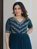 Stunning Teal Blue Bead Embroidered Georgette Festive Wear Gown - Zeel Clothing