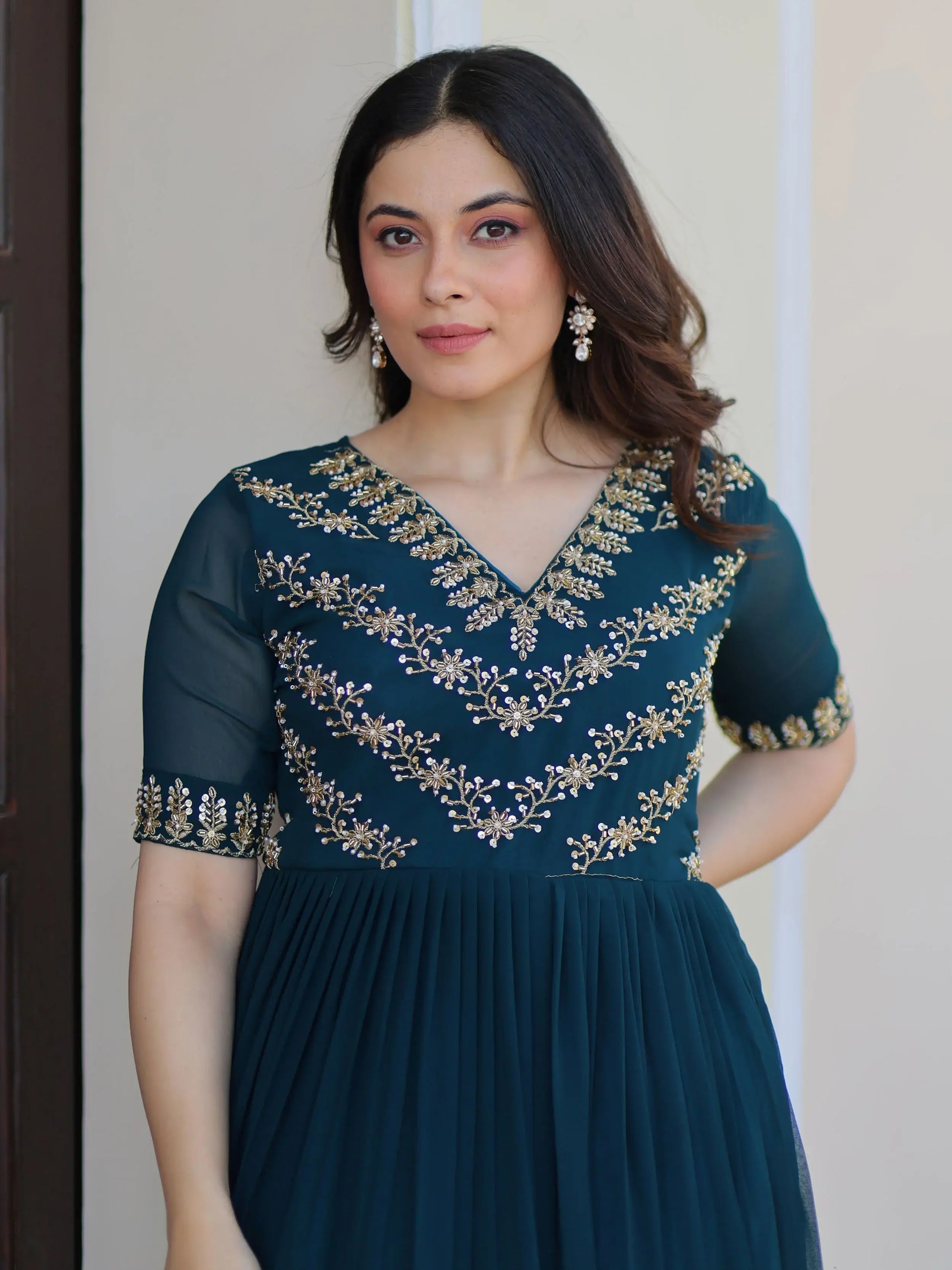 Stunning Teal Blue Bead Embroidered Georgette Festive Wear Gown - Zeel Clothing