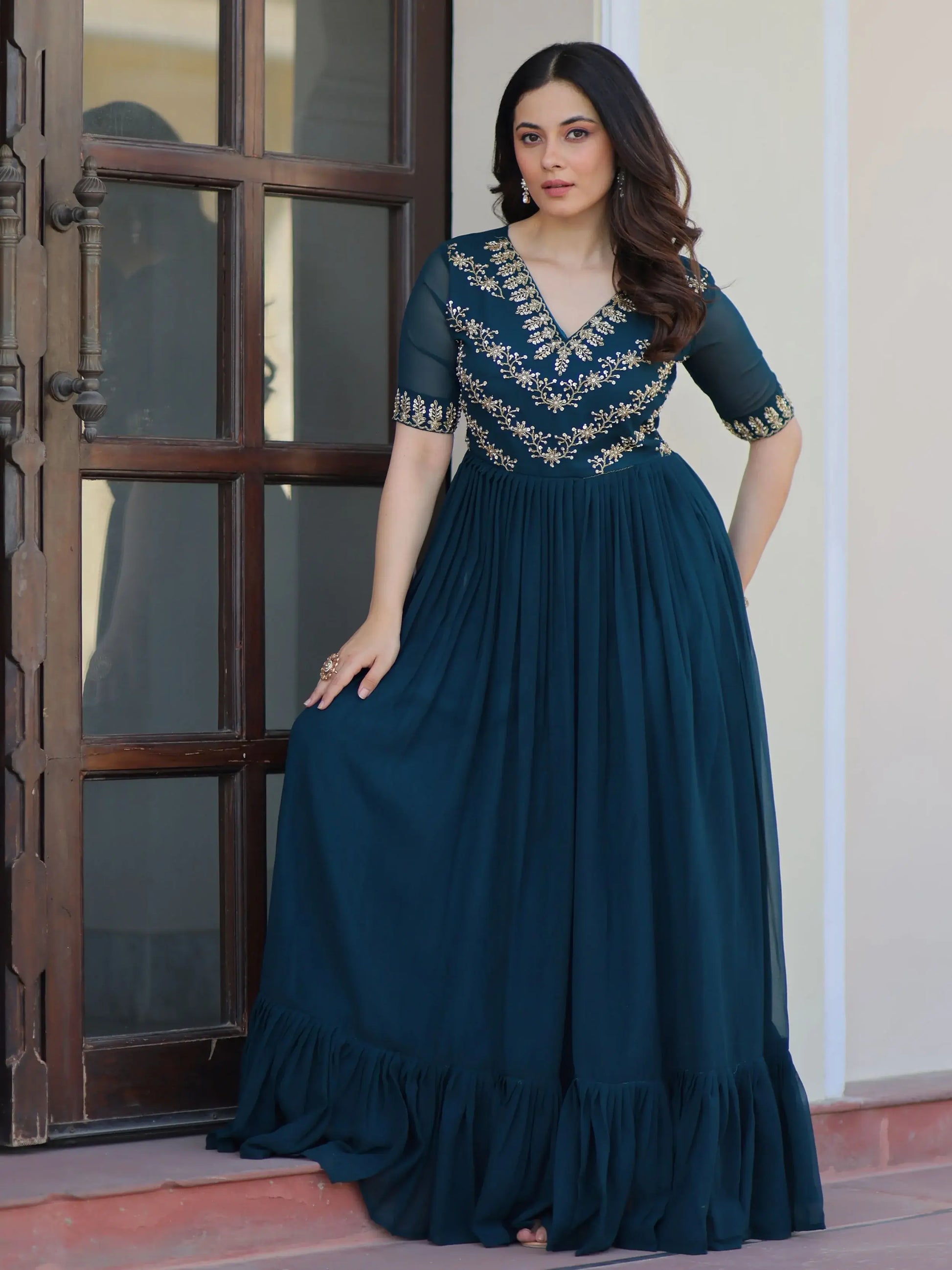 Stunning Teal Blue Bead Embroidered Georgette Festive Wear Gown - Zeel Clothing