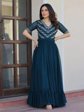 Stunning Teal Blue Bead Embroidered Georgette Festive Wear Gown - Zeel Clothing