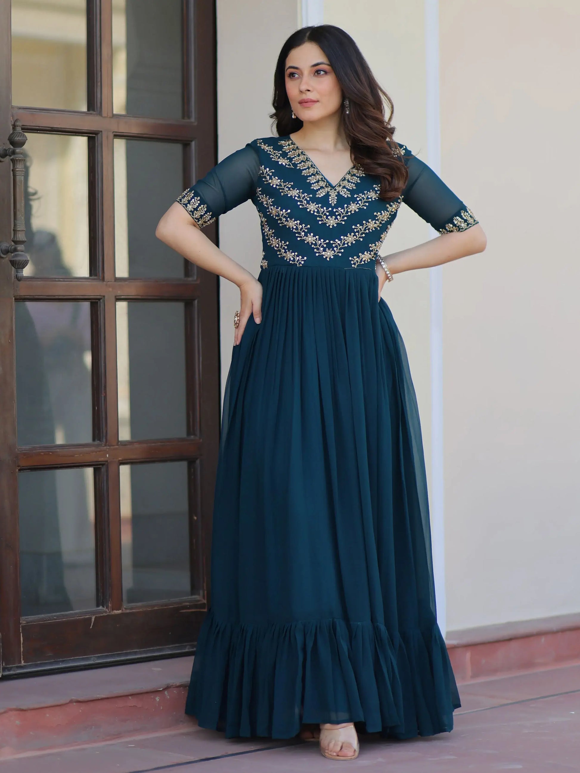 Stunning Teal Blue Bead Embroidered Georgette Festive Wear Gown - Zeel Clothing