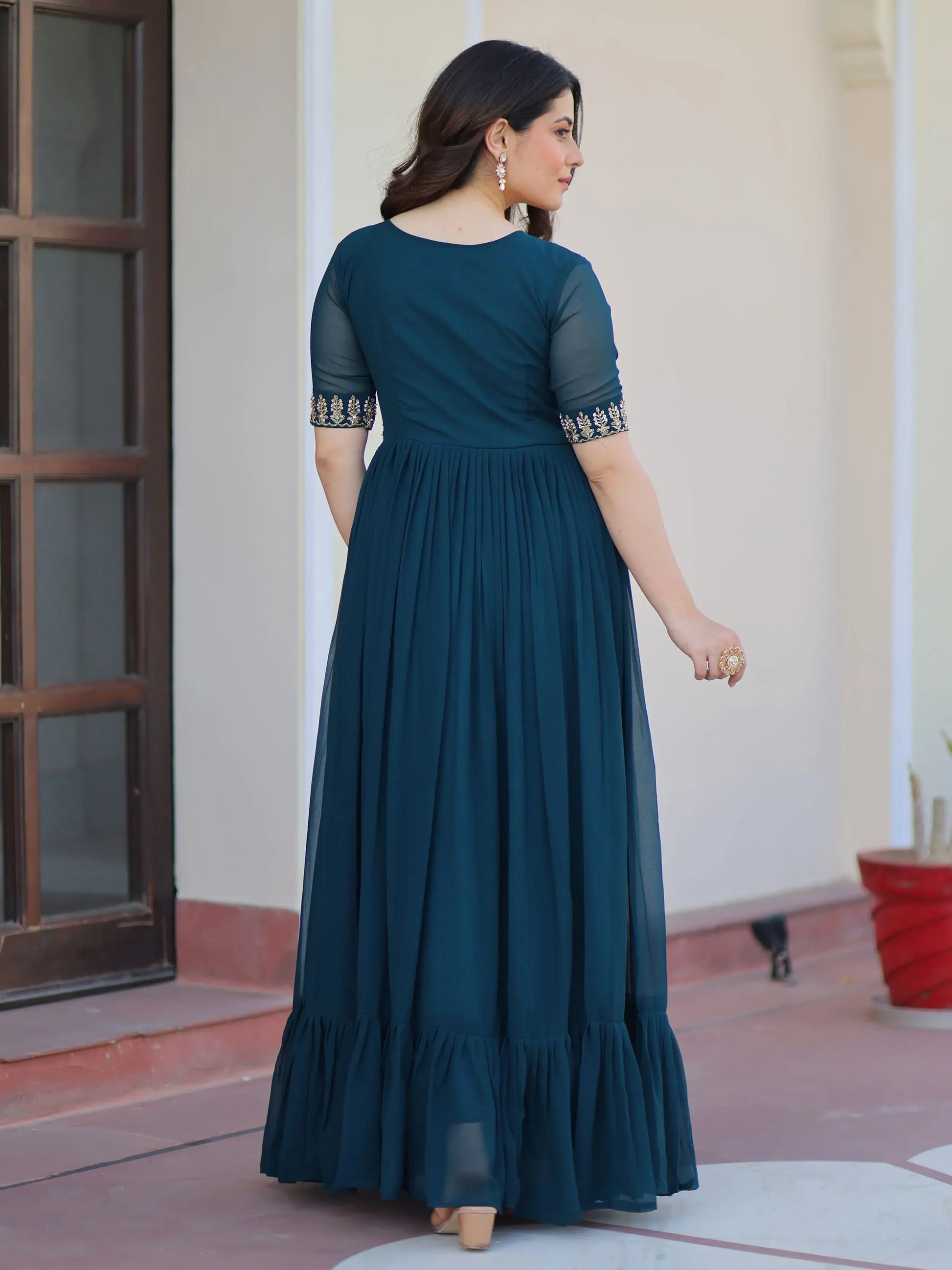 Stunning Teal Blue Bead Embroidered Georgette Festive Wear Gown - Zeel Clothing